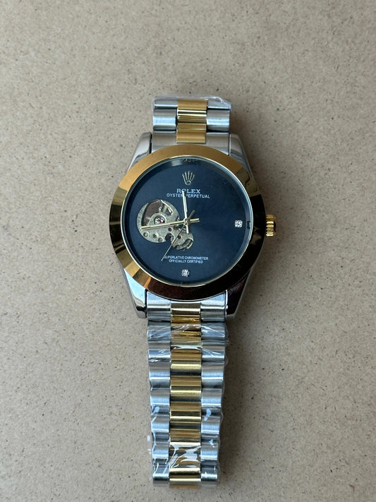 Rolex Oystyer Perpetual Skeleton Vision Two Toon Black Daimond Dail
