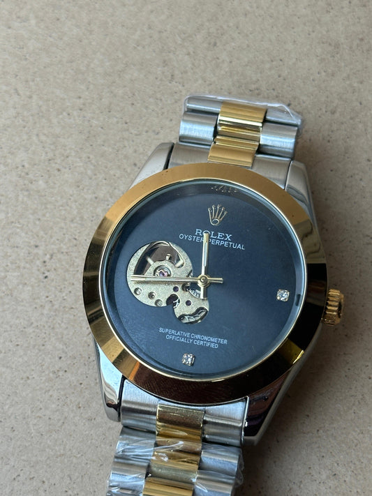 Rolex Oystyer Perpetual Skeleton Vision Two Toon Black Daimond Dail
